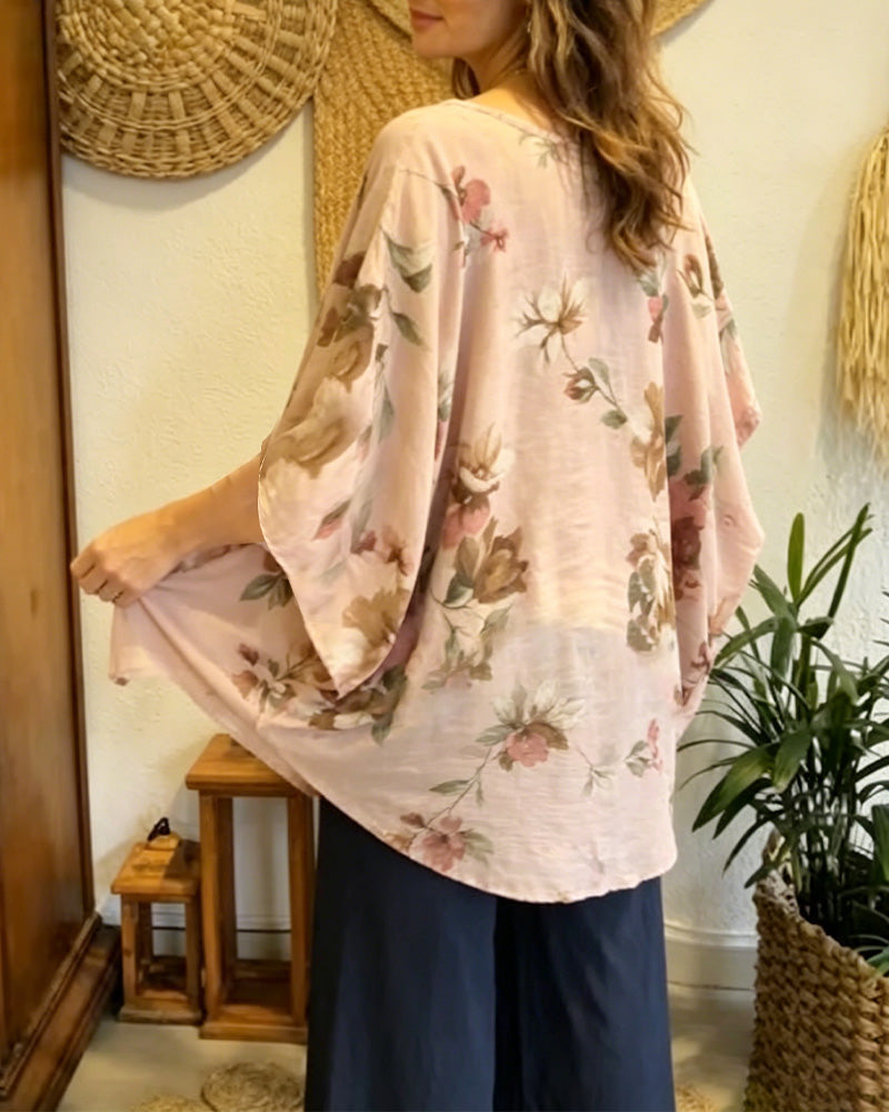 Printed Batwing Sleeve Loose Blouse