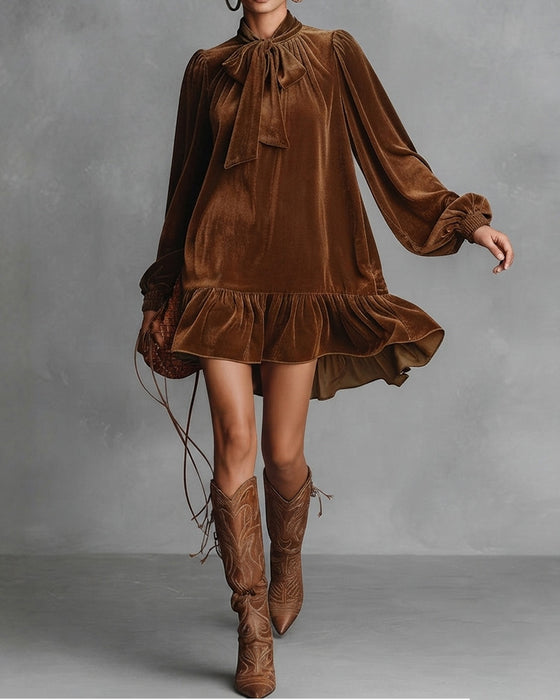 Tie Bubble Sleeve Ruffle Dress