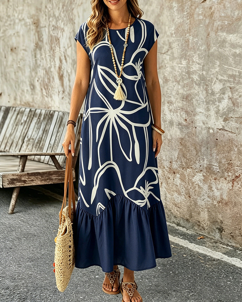 Crew Neck Geometric Print A-Line Dress