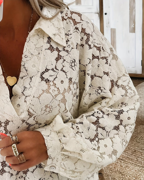 Floral Lace Lapel Long-Sleeved Blouse