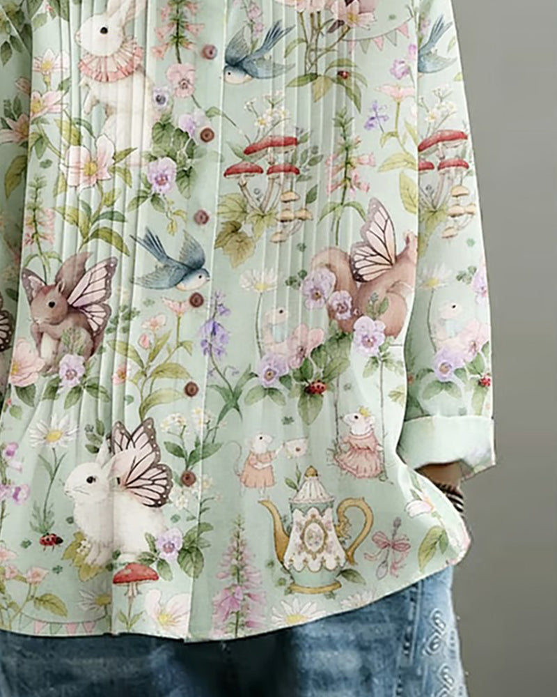 Mandarin Collar Print Accordion Pleat Long Sleeve Shirt