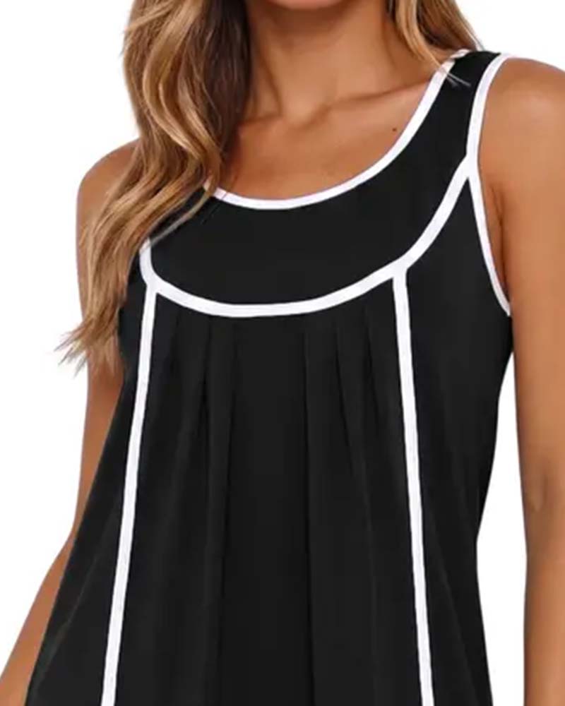 White-Trimmed Color-Blocked Sleeveless Dress