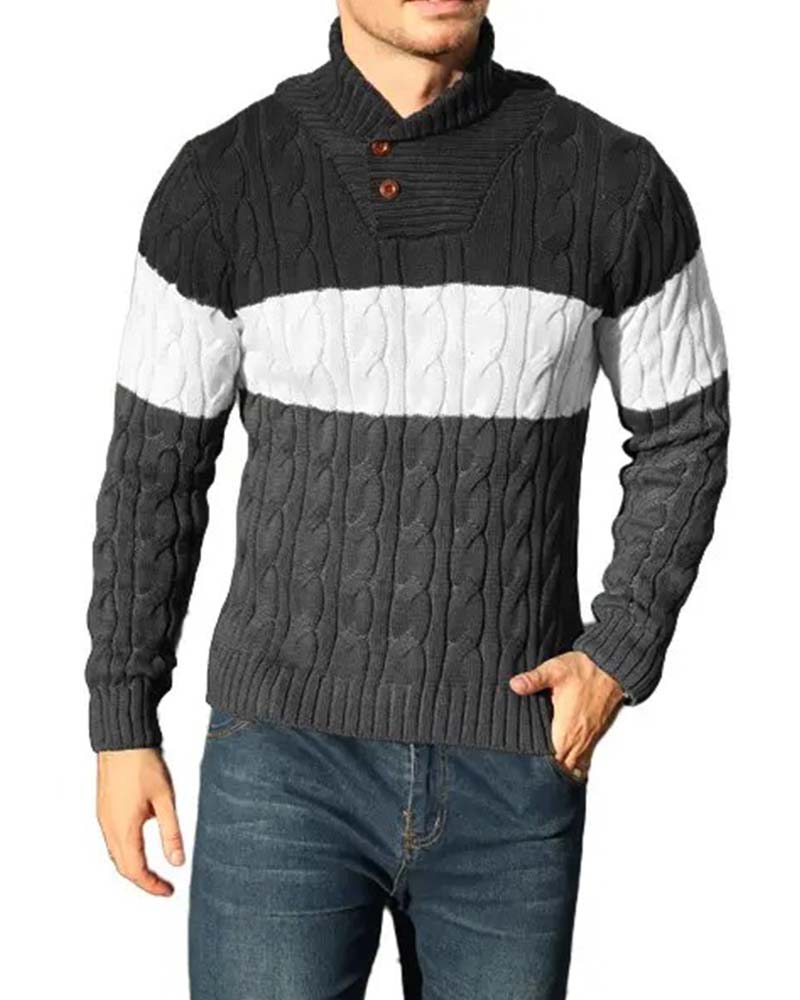 High Neck Button Contrast Men's Pullover