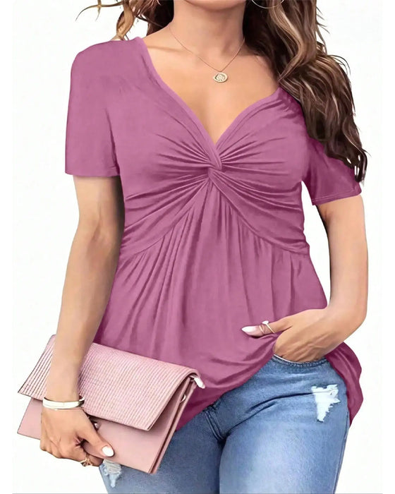 V-neck Twisted Waist Solid Color T-shirt