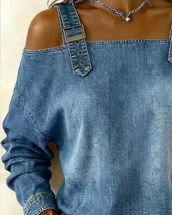 Spaghetti Strap Off-Shoulder Denim Metal Button Blouse