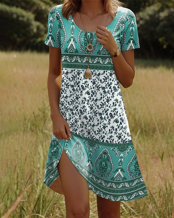 Short-Sleeved Contrast Print Dress