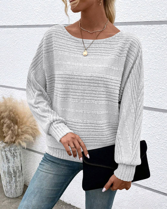 Solid Color Round Neck Long Sleeve Striped Top