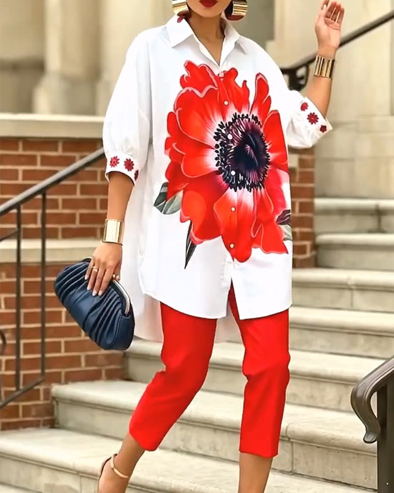 Large Flower Print Puff Sleeve Shirt