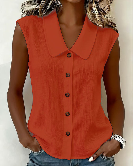 Sleeveless Lapel Linen-Cotton Shirt