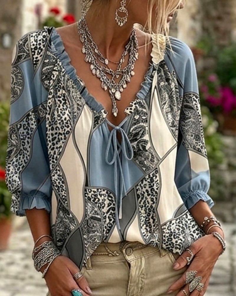 V-Neck Leopard Puff Sleeve Tie Blouse