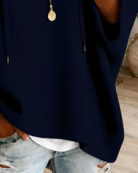 Three-Quarter Sleeve Drawstring Hooded Sweatshirt
