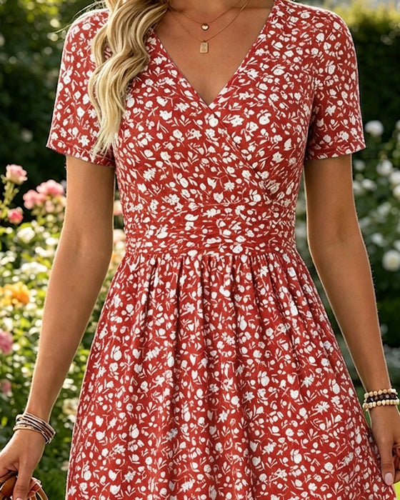 V-Neck Short SleeveTiny Floral Dress