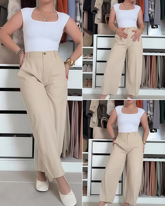 Button Pocket Wide-Leg Cropped Pants