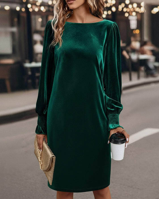 Puff Sleeve Boat Neck Velvet Dress