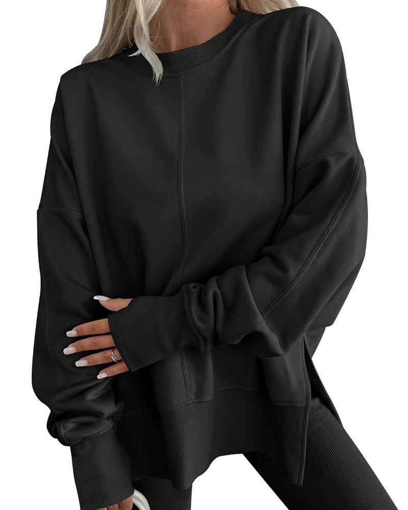 Side Slit Crew Neck Loose Sweatshirt