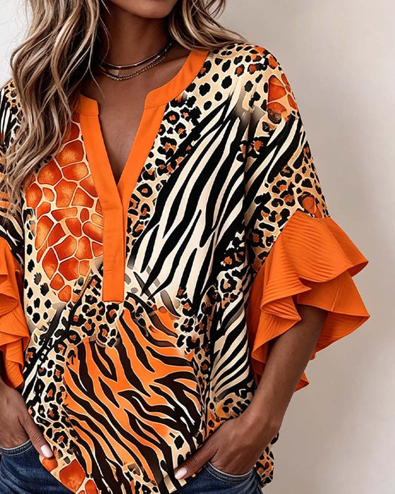 Zebra Leopard Print Ruffle Sleeve Blouse