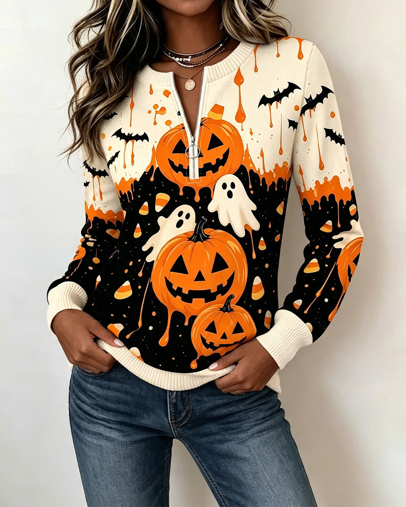 Zip Long Sleeve Pumpkin Print Sweatshirts