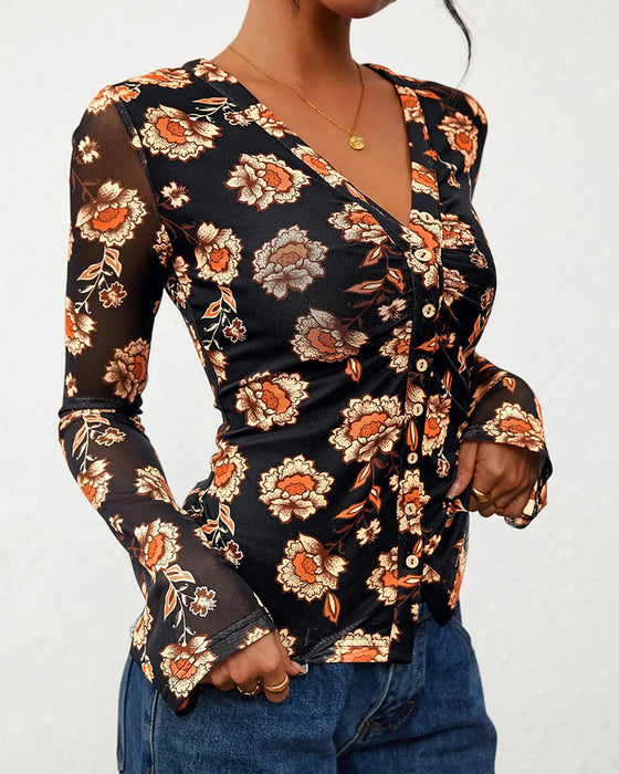 V-Neck Button Slit Fitted Top