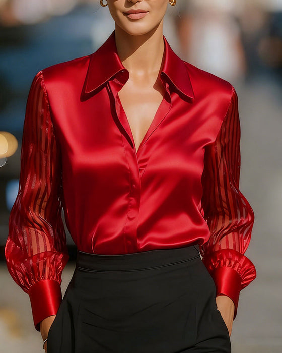 Solid Color Lapel Patchwork Long Sleeve Shirt