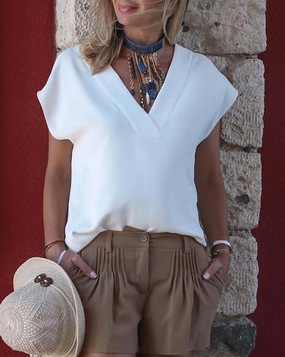 V-neck short-sleeved solid color blouse