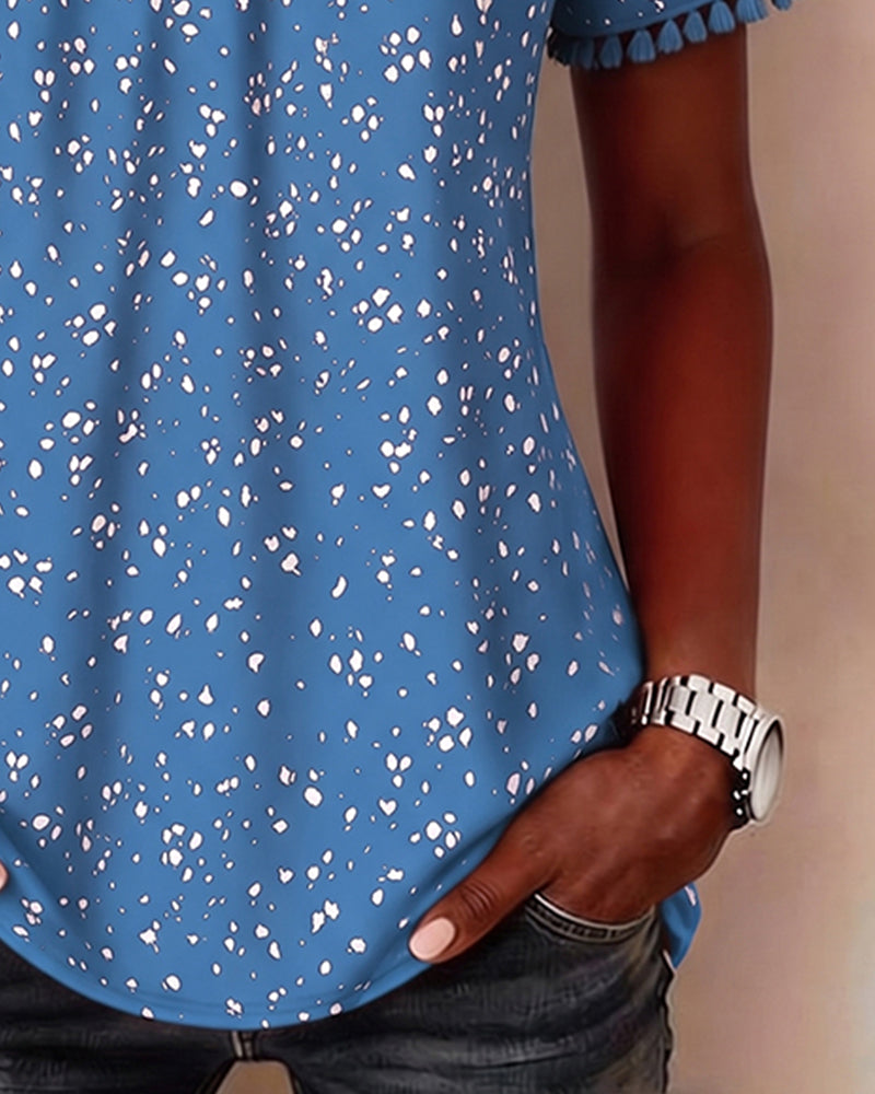 White Dot Fringe Short Sleeve Blouse