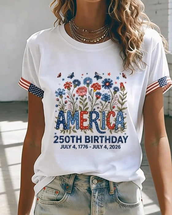 Round Neck Letter Colorful Floral Print T-Shirt
