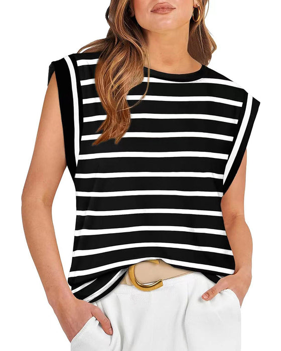 Casual striped print round neck sleeveless top
