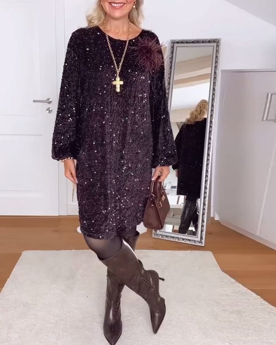 Lantern Sleeve Loose Sequined Dress