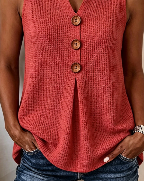 Sleeveless Small V-Neck Waffle Solid Tank Top