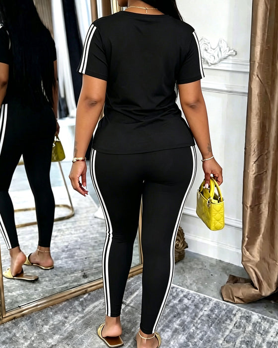 Striped Short-Sleeved Long Sweatpants Set