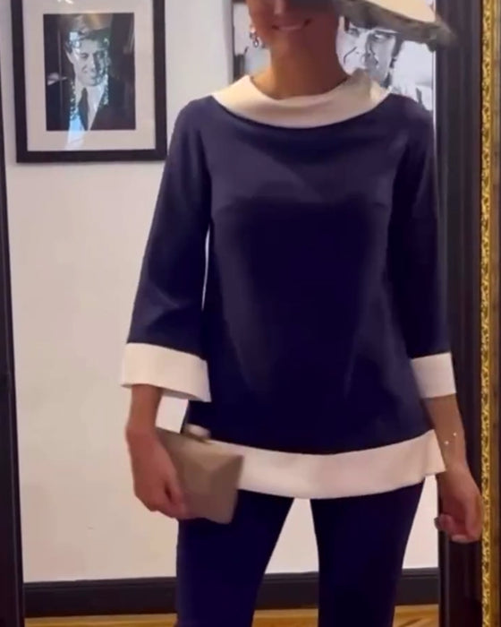 Casual contrast color stand collar loose top