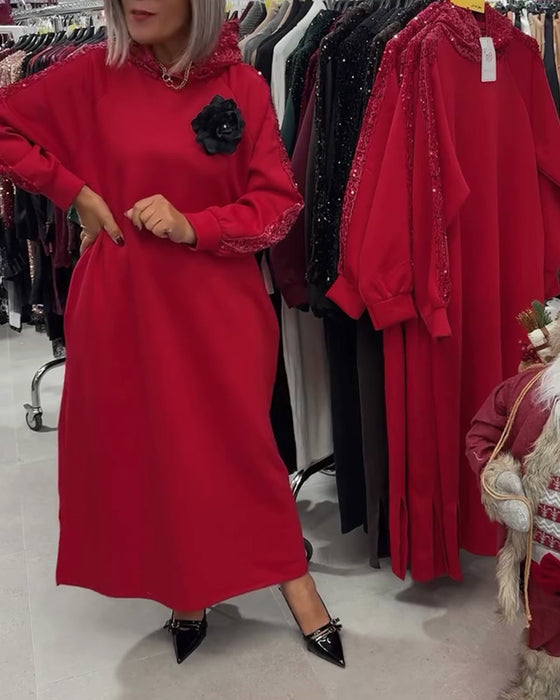 Hooded Sequin Patchwork Long Dress