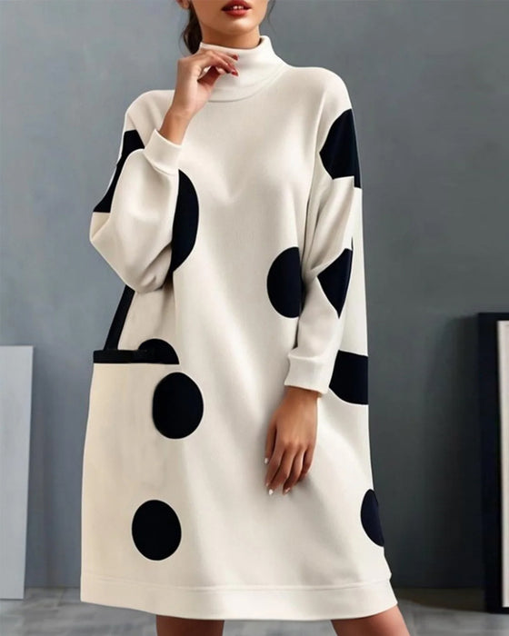 Elegant polka dot high neck pocket loose dress