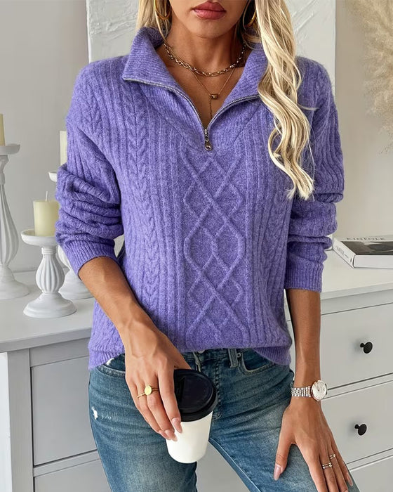 Stand-Up Collar Half-Zip Cable Knit Pullover