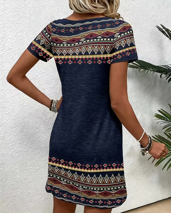 U-Neck Ethnic Color Block A-Line Dress