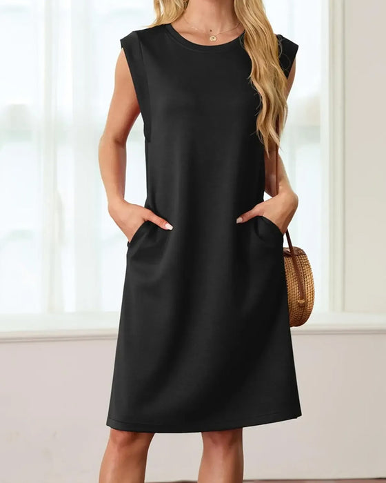 Round Neck Sleeveless Slit Solid Dress