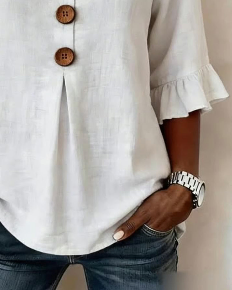 Solid-Color Cotton-Linen Wooden Buttons Ruffles Blouses