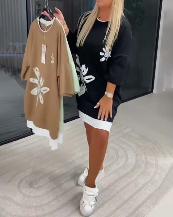 Crew Neck Printed Patchwork Sweatshirt Dress