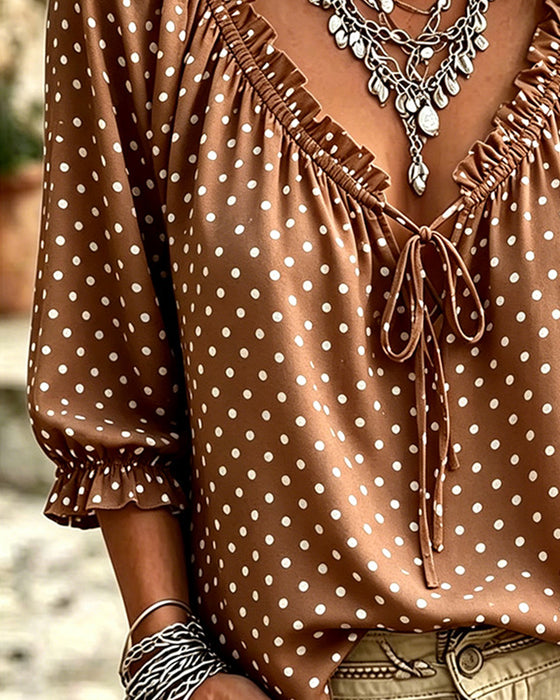 V-Neck Ruffle Polka Dot Tie Blouse