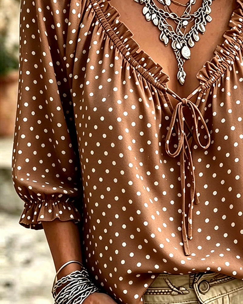 V-Neck Ruffle Polka Dot Tie Blouse