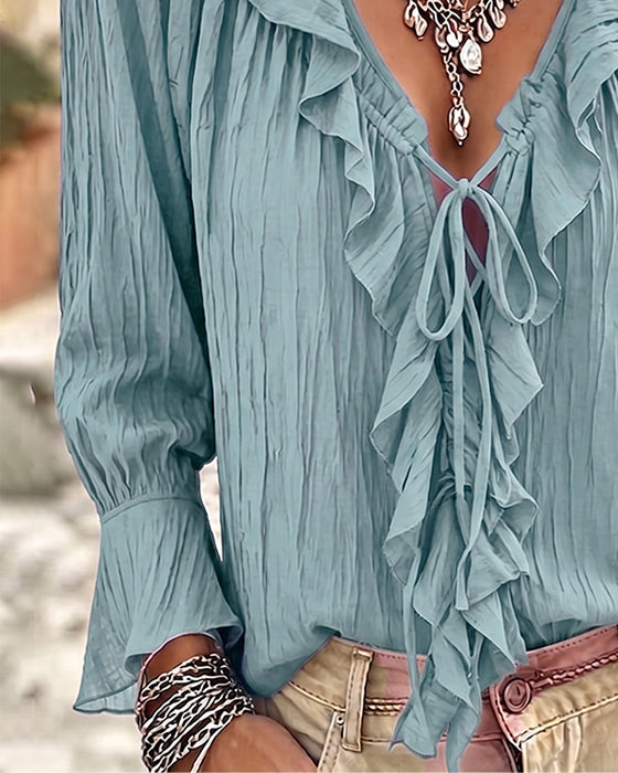 Ruffle Trim Lace-Up Long Sleeve Blouse