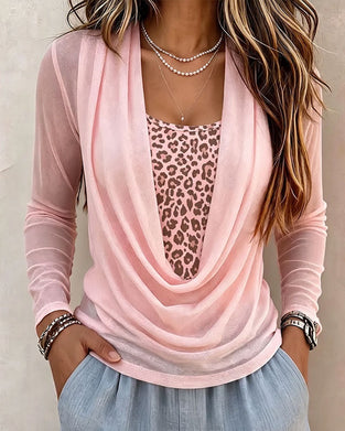 Turtleneck Leopard Print Long-Sleeve Blouse