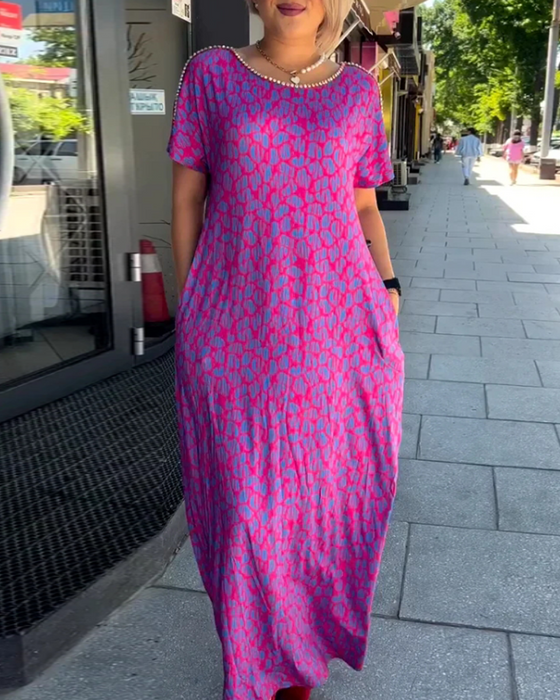 Temperament Short-Sleeved Drape Print Dress
