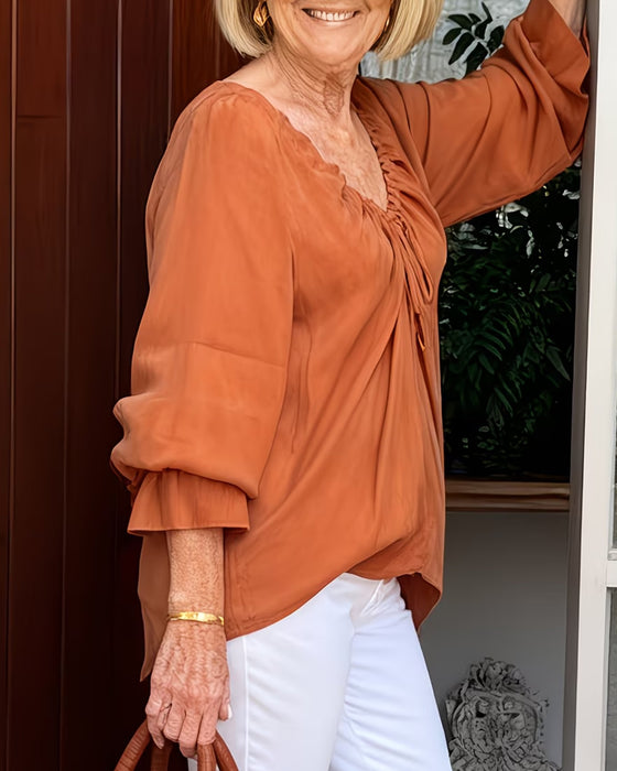 V-Neck Shirred Tie Casual Blouse