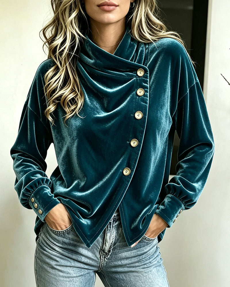 Turtleneck Slit Cross Button Blouse