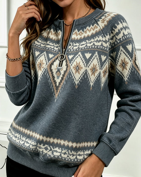 Zipper Printed Long Sleeve Sweatshirt