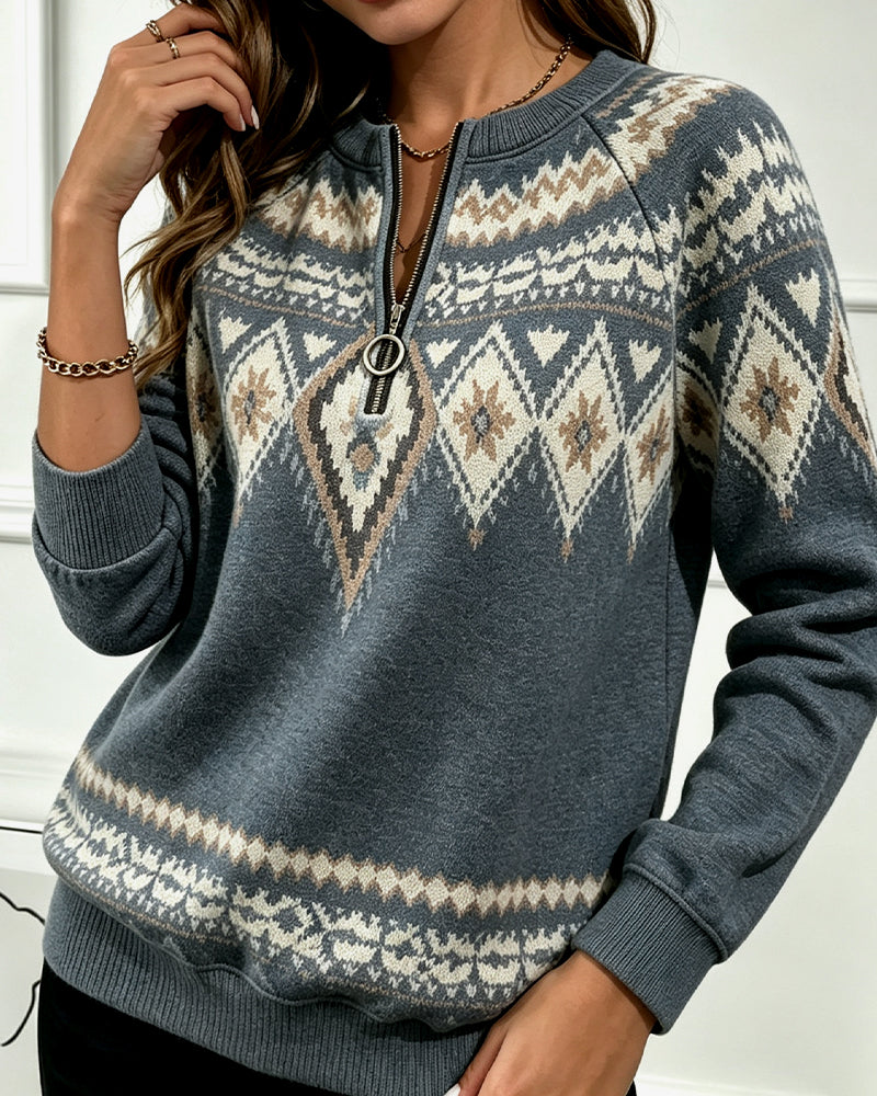 Zipper Printed Long Sleeve Sweatshirt