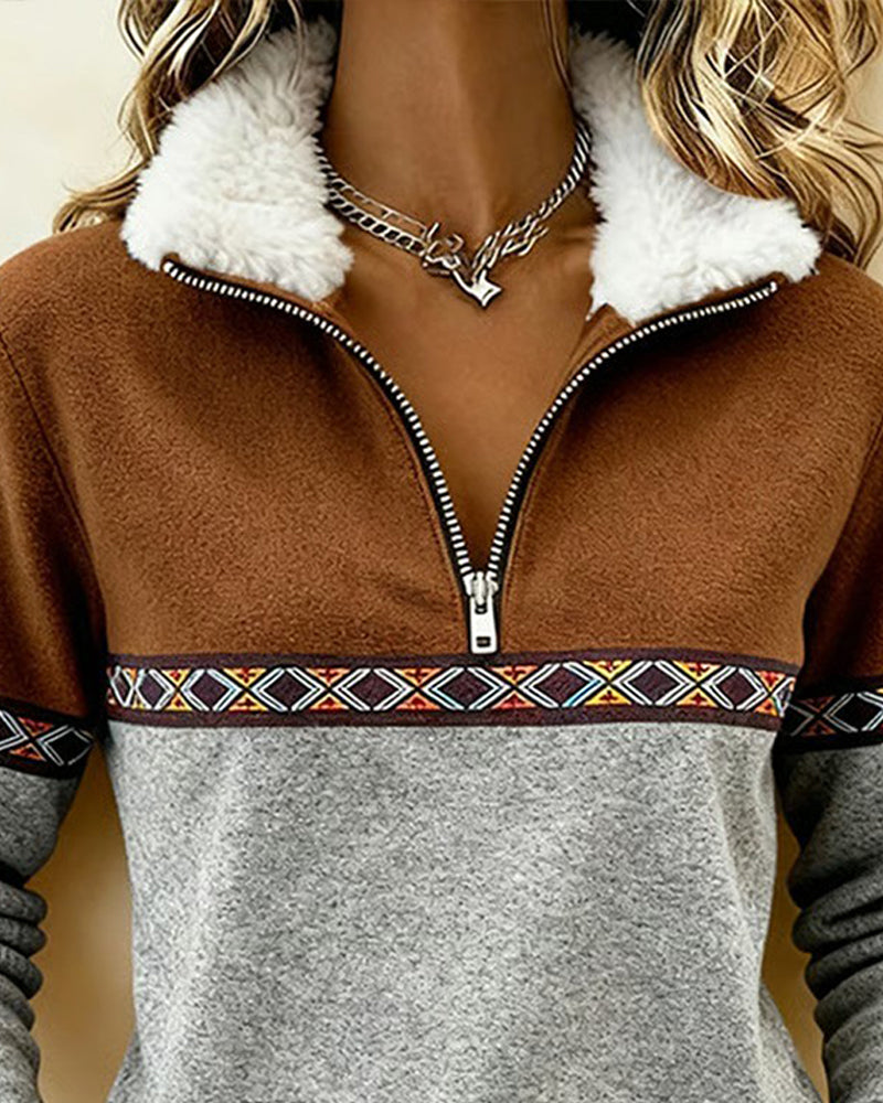 Color-Blocked Fur Collar Sweatshirt