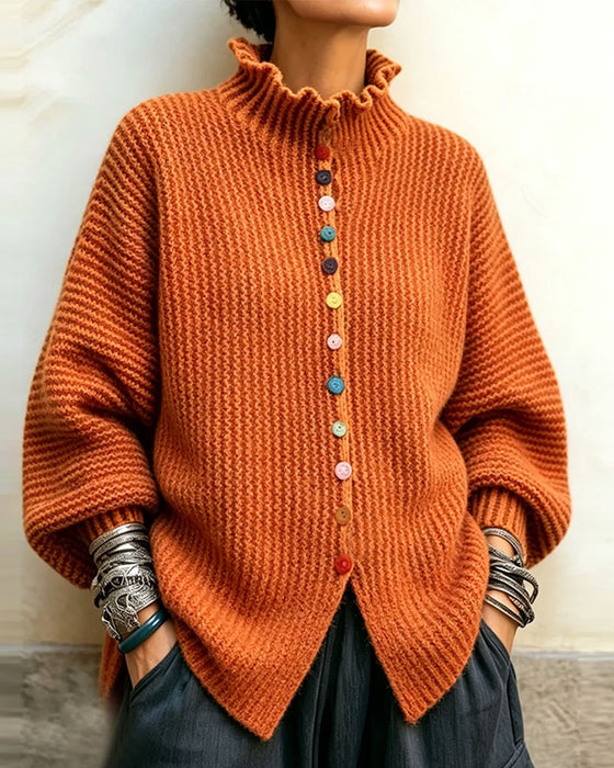 Color Button Ruffle Trim Knit Pullover