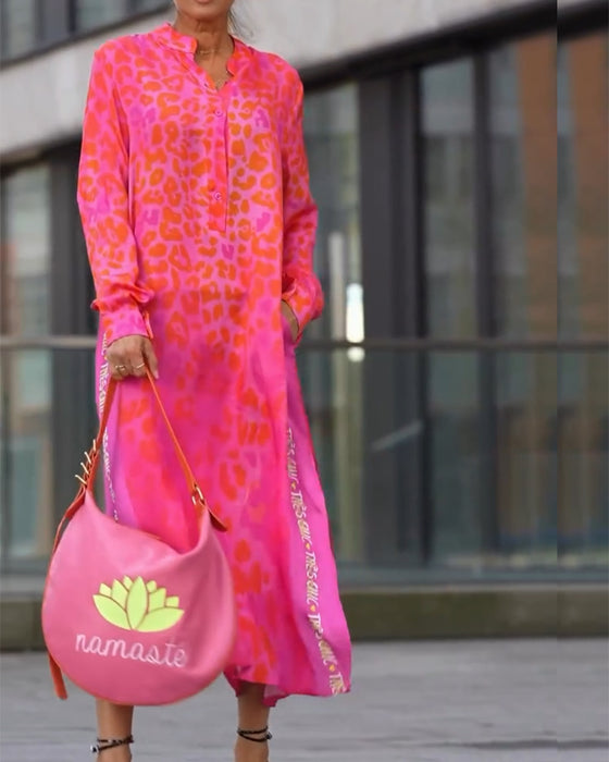 Long-Sleeved Leopard Print Slit Dress